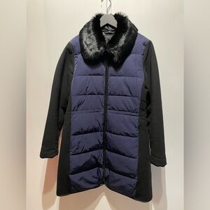 🔥 Theory Black and Blue Coat with Faux Fur Collar